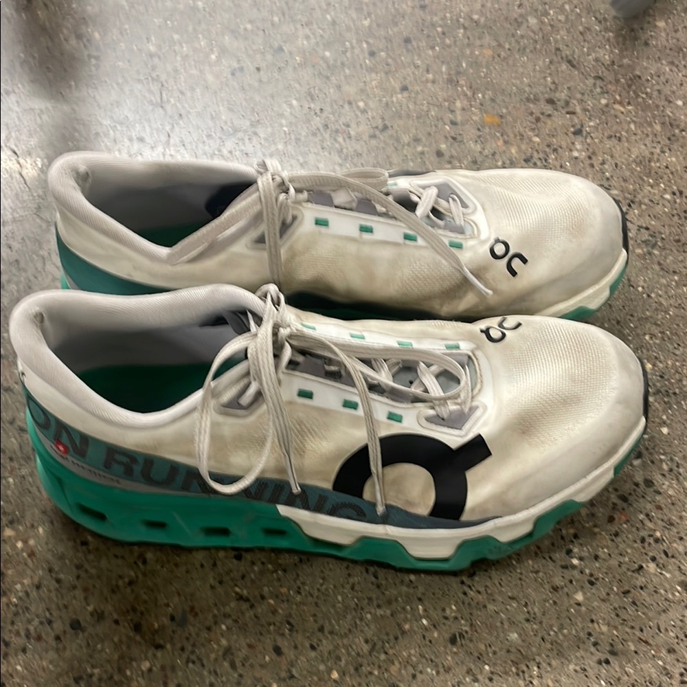 On Running White and Teal Athletic Shoes
